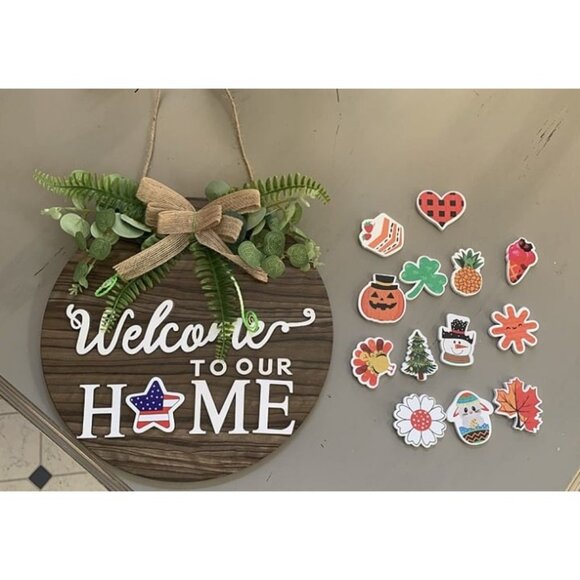 New Interchangeable Seasonal Welcome Sign Front Door Decoration, Rustic Round - Picture 1 of 1